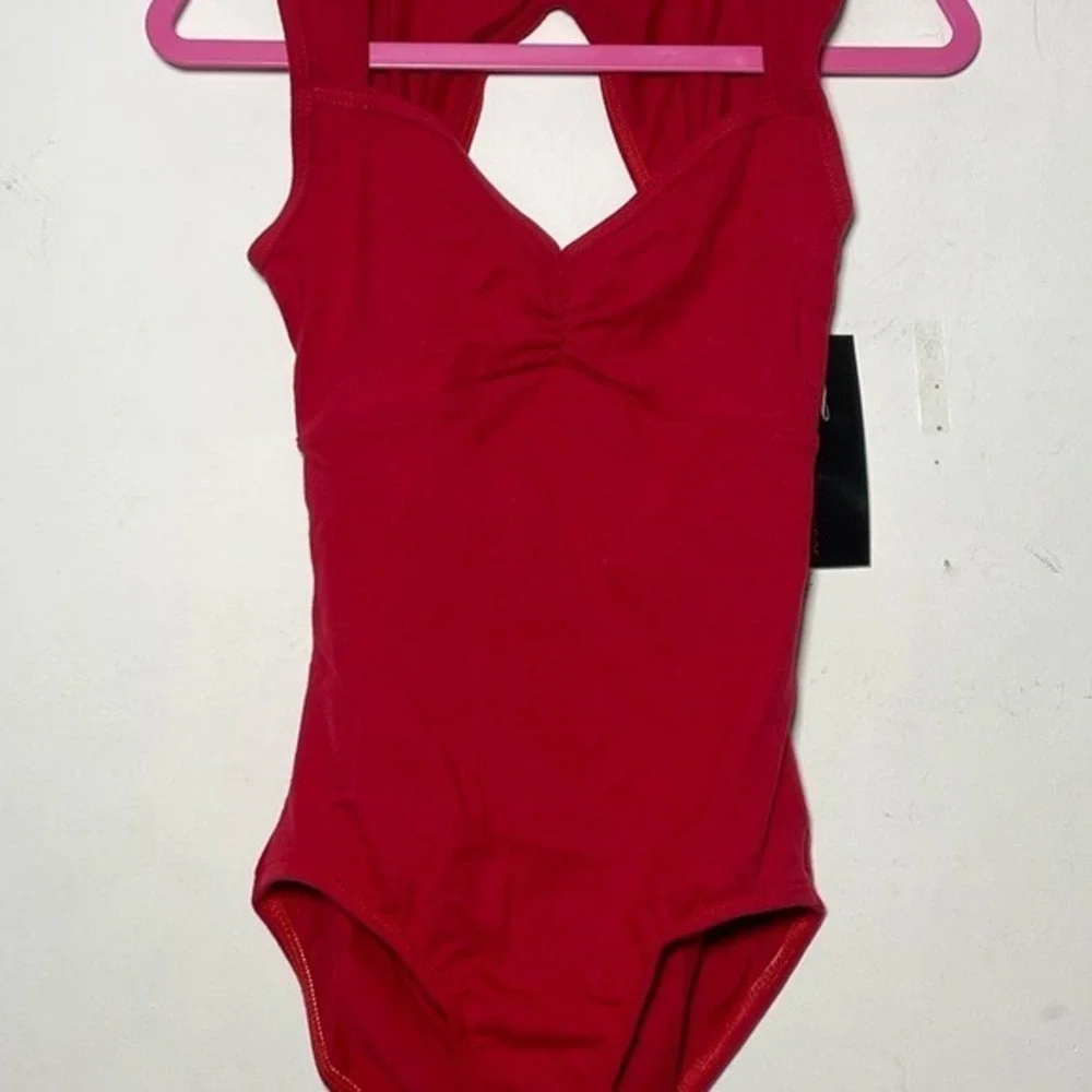 CM Theatricals Classwear Red Black Keyhole Dance Leotard Sleeveless Open X Back